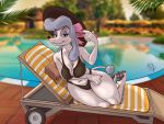  4:3 anthro bedroom_eyes belly big_breasts bikini biped blue_body blue_fur blue_hair breasts canid canine canis claws clothed clothing crow&#039;s_feet curvy_figure disney domestic_dog eyelashes eyeshadow female fur georgette_(disney) hair half-closed_eyes hat headgear headwear hi_res hyenatig_(artist) looking_at_viewer makeup mammal mature_female narrowed_eyes navel old oliver_and_company partially_clothed pawpads pinup poodle pool_(disambiguation) poolside pose ribbons seductive slightly_chubby smile solo swimwear white_body white_fur wide_hips 