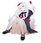  1girl blonde_hair blood blood_on_face bloody_knife bow chloe_ardenne chloe_no_requiem dress frilled_skirt frills hair_bow holding holding_knife knees_up knife long_hair looking_at_viewer mary_janes purple_eyes shoes sitting skirt smile solo sssen 