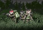  3girls absurdres assault_rifle backpack bag beret black_hair c-77_hongryeon camouflage crossover digital_camouflage full_body green_eyes gun hat highres karyl_(princess_connect!) last_origin load_bearing_vest long_hair low-tied_long_hair low_twintails military military_operator military_uniform multicolored_hair multiple_girls outdoors pink_eyes pink_hair princess_connect! princess_connect!_re:dive purple_eyes red_hair rifle streaked_hair t-14_miho tungtunggugu twintails uniform weapon white_hair 