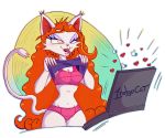  1ndigocat 2020 alpha_channel anthro breasts caracal_(genus) caracat chubby_female clothed clothing curled_hair curvy_hips felid feline female hair hi_res kemono mammal mature_female one_eye_closed panties_only red_hair solo spread_legs spreading thick_thighs tongue toony topless underwear underwear_only wink yellow_eyes 