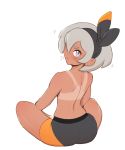  1girl absurdres ass back bike_shorts black_hairband black_ribbon blush dark_skin dimples_of_venus from_behind full_body hair_over_one_eye hair_ribbon hairband highres looking_at_viewer looking_back motion_lines parted_lips pokemon pokemon_(game) pokemon_swsh pudgeruffian ribbon saitou_(pokemon) short_hair silver_eyes silver_hair simple_background sitting solo tan tanline topless white_background 