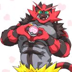  &lt;3 1:1 abs anthro black_body black_fur fur green_eyes grey_body grey_fur holding_object incineroar kumak71395 looking_at_viewer love_ball male muscular muscular_anthro muscular_male nintendo nipples open_mouth open_smile pecs pok&eacute;ball pok&eacute;mon pok&eacute;mon_(species) red_body red_fur red_nose sharp_teeth smile solo star teeth video_games yellow_sclera 