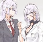  2girls ak-12_(girls_frontline) bandaged_neck bangs blood blood_on_face braid breasts cigarette cleavage closed_mouth collared_shirt eyebrows_visible_through_hair formal french_braid girls_frontline grey_suit hair_between_eyes high_ponytail highres holding holding_cigarette large_breasts long_hair looking_at_viewer masso_nullbuilt multiple_girls open_clothes open_shirt purple_eyes red_neckwear rpk-16_(girls_frontline) shirt sidelocks silver_hair sleeves_rolled_up smile suit white_shirt white_suit 