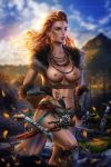  1girl aloy_(horizon) arrow_(projectile) ayya_saparniyazova beads blurry blurry_background bow_(weapon) bracer braid breasts breasts_apart breasts_outside brown_hair eyeshadow freckles green_eyes hairlocs horizon_zero_dawn jewelry jewelry_removed lips long_hair makeup mascara medium_breasts midriff mountainous_horizon necklace necklace_removed nipples outdoors parted_lips side_slit skirt solo toned torn_clothes weapon wind 