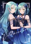  2girls absurdres aqua_hair bang_dream! black_ribbon blue_bow blue_dress blue_flower blue_nails blue_petals blue_rose blush bow bowtie character_name check_commentary choker commentary commentary_request copyright_name cover cover_page doujin_cover dress fishnet_bridal_gauntlets flower green_eyes hair_bow hair_flower hair_ornament hair_ribbon highres hikawa_hina hikawa_sayo holding_hands long_hair looking_at_another looking_at_viewer looking_back mia_(fai1510) multiple_girls nail_polish navy_blue_neckwear petals ribbon rose short_hair siblings side_braids sisters smile twins 
