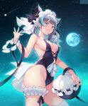  1girl aqua_eyes azur_lane ball bare_shoulders beachball bikini black_hair black_swimsuit blush breasts cheshire_(azur_lane) cleavage eyebrows_visible_through_hair frills full_moon groin hairband hand_up highres holding holding_ball holding_beachball large_breasts leg_strap looking_at_viewer maid_headdress moon multicolored_hair night ribbon sky smile solo star_(sky) starry_sky streaked_hair swimsuit thighhighs thighs uosaasou white_legwear wrist_cuffs 