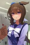  1girl 1other :t absurdres admire_vega_(umamusume) animal_ears bangs blurry blurry_background bow breasts brown_hair closed_mouth commentary_request envelope highres horse_ears indoors inuyabu_cc locker long_hair looking_at_viewer medium_breasts out_of_frame pout purple_eyes purple_shirt sailor_collar school_uniform shaded_face shirt tracen_school_uniform umamusume upper_body white_bow 
