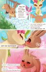  &lt;3 &lt;3_eyes absurd_res ambiguous_gender aroused blush bodily_fluids clothing comic duo eevee eeveelution english_text eti_(utopianvee) feral flover french_kissing garden hi_res kissing leafeon legwear nintendo open_mouth pattern_clothing pattern_legwear pok&eacute;mon pok&eacute;mon_(species) saliva striped_clothing striped_legwear stripes sweat text tongue tongue_out utopianvee video_games 