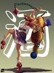  absurdres blonde_hair bow chain drunk drunken_fist fighting_stance hair_bow highres horns ibuki_suika long_hair nanaya_(daaijianglin) solo touhou 