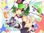  bare_shoulders bent_over blue_hair blush cellphone chibi cosplay giantess green_hair helmet highres ichi_makoto macross macross_frontier macross_frontier:_itsuwari_no_utahime mecha mecha_musume miniboy multiple_girls no_nose open_mouth phone ponytail purple_hair ranka_lee red_eyes saotome_alto star thighhighs vf-25 vf-25_(cosplay) 