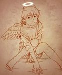  aaru_sentou_shuudan barefoot haibane_renmei halo knees long_sleeves monochrome orange_(color) rakka shirt short_hair shorts sitting solo static_cling wings 