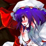  blood blue_hair earrings fang gloves hat jewelry lowres ooba_kagerou red_eyes remilia_scarlet solo touhou 