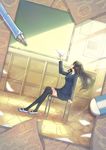  black_legwear brown_hair chair classroom eraser flying_paper hoshi_(little_stars+) indoors legs light long_hair necktie original paper paper_airplane pencil pleated_skirt school_uniform shoes sitting skirt solo thighhighs uwabaki 