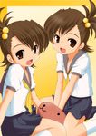  brown_hair capybara doll flipped_hair futami_ami futami_mami hair_bobbles hair_ornament idolmaster idolmaster_(classic) multiple_girls ranshin school_uniform seiyuu_connection serafuku short_hair siblings side_ponytail sisters stuffed_animal stuffed_toy twins 