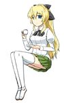  aoinu blind blonde_hair blue_eyes bow cup hair_bow katawa_shoujo long_hair plate ponytail satou_lilly school_uniform sidelocks skirt solo teacup thighhighs zettai_ryouiki 