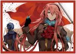  1girl aqua_eyes arisaka_ako bad_id bad_pixiv_id blue_hair flag headphones kaito long_hair megurine_luka one_eye_closed pink_hair scarf vocaloid 