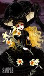  black black_umbrella blonde_hair cloud dress flower frills ginga_hakurankai gothic_lolita lily_(flower) lipstick lolita_fashion makeup original parasol red_eyes solo umbrella wavy_hair 