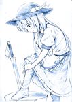  blue boots food fruit hat hinanawi_tenshi leaning_forward long_hair monochrome peach profile rock sketch solo sword sword_of_hisou touhou traditional_media tying vent_arbre weapon 