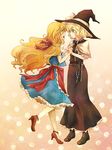  alice_margatroid alice_margatroid_(cosplay) alternate_color bad_id bad_pixiv_id blonde_hair cosplay costume_switch hat high_heels holding_hands kirisame_marisa kirisame_marisa_(cosplay) long_hair meg_maru2 multiple_girls shoes short_hair touhou witch witch_hat yuri 