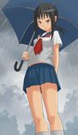  black_hair blush brown_eyes from_below kaga_ai kneehighs mole open_mouth pinkwaters ponytail rain sayonara_zetsubou_sensei school_uniform serafuku short_hair skirt socks solo umbrella 