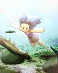  barefoot blue_eyes blue_hair bubble eijima_moko fish hair_bobbles hair_ornament highres kawashiro_nitori log no_hat no_headwear outstretched_arms rock smile solo spread_arms swimming touhou twintails two_side_up underwater younger 