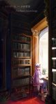 book bookshelf character_name crescent flower hat library long_hair patchouli_knowledge purple_eyes purple_hair saber_01 sitting solo touhou voile 