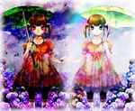  bad_id bad_pixiv_id blue_eyes brown_hair child dress dual_persona flower highres original pink_eyes serious short_hair smile umbrella yoko_(shiocolor) 