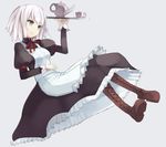  apron boots cross-laced_footwear cup maid neck_ribbon nekomegane original pantyhose ribbon smile solo teacup teapot tray white_hair 