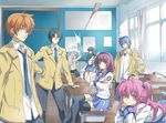  4girls ahoge angel_beats! belt black_legwear blade blazer blue_hair broom brown_hair choker classroom cross demon_tail desk glasses green_eyes hair_ribbon hairband hinata_(angel_beats!) indoors jacket long_hair multiple_boys multiple_girls otonashi_(angel_beats!) pink_eyes pink_hair purple_hair ribbon scarf school_desk school_uniform serafuku shiina_(angel_beats!) short_hair short_twintails silver_hair skirt smile tail takamatsu tenshi_(angel_beats!) thighhighs twintails weapon yellow_eyes yui_(angel_beats!) yukiya yuri_(angel_beats!) zettai_ryouiki 