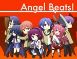  4boys angel_beats! ankle_lace-up blazer broom chibi cross-laced_footwear face guitar gun halberd hinata_(angel_beats!) instrument jacket k.y_ko multiple_boys multiple_girls noda_(angel_beats!) otonashi_(angel_beats!) polearm rifle school_uniform serafuku shiina_(angel_beats!) takamatsu weapon yui_(angel_beats!) yuri_(angel_beats!) 