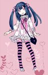  :d bag blue_hair dress happy legs letterboxed long_hair open_mouth original pink_background pink_eyes smile solo striped striped_legwear tan_(tangent) thighhighs twintails zettai_ryouiki 