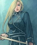  amestris_military_uniform bad_id bad_pixiv_id blonde_hair blue_eyes fullmetal_alchemist hair_over_one_eye long_hair military military_uniform mukuo olivier_mira_armstrong solo sword uniform weapon 