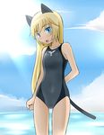  animal_ears blue_eyes cat_ears cat_tail helma_lennartz long_hair one-piece_swimsuit solo swimsuit tail tanaka_rikimaru world_witches_series 