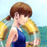  armpits brown_eyes brown_hair collarbone copyright_request earplugs flat_chest innertube one-piece_swimsuit ponytail profile school_swimsuit short_hair smile solo swimsuit tani 