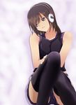  bad_id bad_pixiv_id bangs bare_arms bare_shoulders black_legwear breasts brown_eyes brown_hair collarbone hand_on_own_knee head_tilt headphones kemeko_(s065026) looking_away medium_breasts medium_hair original parted_lips patterned_background purple_shorts shorts simple_background sitting sleeveless solo tank_top thighhighs 