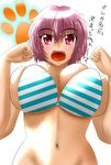  bad_id bad_pixiv_id bikini_top breasts copyright_request fang large_breasts navel open_mouth purple_eyes purple_hair short_hair sideboob solo swimsuit syroh translation_request 