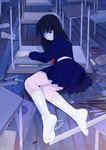  black_hair blue_eyes chair desk eraser feet foreshortening ica kneehighs long_hair looking_back lying on_side original pen pencil pleated_skirt ruler school_uniform scissors serafuku shoes skirt socks solo tape uwabaki white_legwear 