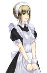  2d apron blush brown_hair green_eyes maid original short_hair smile solo 