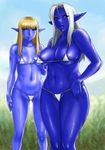  2girls bad_photoshop bikini blonde_hair blue_skin elf flat_chest flat_chested large_breasts lineage lineage_2 matoyama photoshop photoshopped pointy_ears swimsuit white_hair 