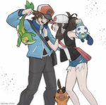  1girl angry bag bandaid bandaid_on_nose bare_legs bare_shoulders baseball_cap belly_peek black_eye black_pants black_vest blue_jacket blue_shorts breasts bruise bruise_on_face clenched_hand clothes_grab denim denim_shorts exposed_pocket feet_out_of_frame fighting gen_5_pokemon hair_through_headwear hand_up hat holding holding_pokemon injury jacket kab00m_chuck long_hair long_sleeves looking_at_another looking_up medium_breasts open_clothes open_mouth open_vest oshawott pants pocket pokemon pokemon_(creature) pokemon_(game) pokemon_bw ponytail profile shorts shoulder_bag shouting sidelocks sleeveless snivy standing sweat tail tail_grab tepig torn_clothes torn_shorts touko_(pokemon) touya_(pokemon) vest watch white_background wristband wristwatch 