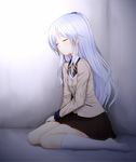  angel_beats! blue_hair closed_eyes half_updo hiroya_juuren long_hair school_uniform sitting sleeping sleeping_upright socks solo tenshi_(angel_beats!) wariza 