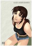  arms_behind_back azasuke belt black_lagoon breasts brown_eyes brown_hair denim denim_shorts female highres holster kneeling long_hair panties ponytail revy revy_(black_lagoon) short_shorts shorts solo tank_top tattoo underwear watermark white_panties 