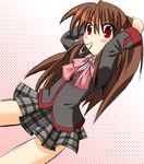 adjusting_hair bow brown_hair little_busters! long_hair mouth_hold natsume_rin pink_bow plaid plaid_skirt ponytail red_eyes school_uniform skirt solo souzuki_sora 