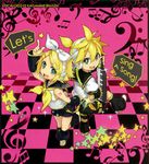  1girl aqua_eyes bare_shoulders blonde_hair brother_and_sister chibi hair_ornament hair_ribbon hairclip headphones headset highres ie_(mochi) instrument kagamine_len kagamine_rin keyboard_(instrument) looking_back looking_up microphone musical_note ponytail ribbon sailor_collar short_hair shorts siblings smile star twins vocaloid 