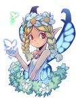  4hands blonde_hair blue_wings braid bug butterfly butterfly_wings child fairy flower insect mercedes odin_sphere pointy_ears red_eyes solo twin_braids wings 
