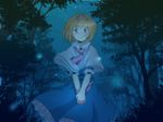  alice_margatroid bad_id bad_pixiv_id blonde_hair blue blue_eyes blush capelet dress forest glowing hairband hands_clasped nature necktie night night_sky open_mouth own_hands_together petticoat short_hair skirt sky solo standing touhou tree v_arms wallpaper yuuyuu_(yuko) 