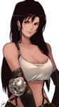  black_hair breasts brown_eyes cleavage david_liu earrings elbow_gloves elbow_pads final_fantasy final_fantasy_vii gloves highres jewelry large_breasts lips long_hair midriff nose signature smirk solo strapless suspenders tifa_lockhart tubetop upper_body 
