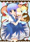 1girl absurdres blue_eyes blue_hair blush cake candy cherry cirno cookie food fruit highres ice_cream macaron nojima_noko pastry pudding short_hair solo touhou wings 