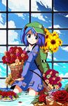  backpack bag blue_eyes blue_hair bouquet carrying flower hair_bobbles hair_ornament hat joyfull_(terrace) kawashiro_nitori short_hair smile solo touhou twintails two_side_up wading 
