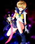  bishoujo_senshi_sailor_moon blonde_hair blue_choker blue_footwear blue_sailor_collar blue_skirt boots bow choker gloves green_eyes highres kirihara_subako magical_girl sailor sailor_collar sailor_senshi_uniform sailor_uranus short_hair skirt solo sword ten'ou_haruka tiara very_short_hair weapon white_gloves yellow_bow 